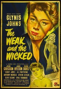 4j023 WEAK & THE WICKED English 1sh '54 art of Glynis Johns, sexy bad girl Diana Dors!