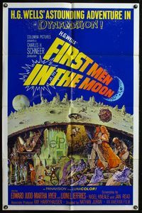 4j265 FIRST MEN IN THE MOON 1sh '64 Ray Harryhausen, H.G. Wells, great sci-fi artwork!