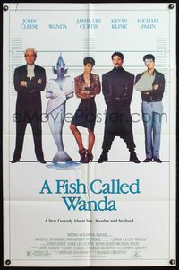 4j267 FISH CALLED WANDA 1sh '88 John Cleese, Jamie Lee Curtis, Kline & Palin in police line up!