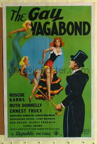 4j285 GAY VAGABOND 1sh '40 fantastic C.E. Millard art of man in tux with 3 sexy girls on his cane!
