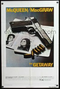 4j286 GETAWAY 1sh '72 Steve McQueen, Ali McGraw, Sam Peckinpah, cool gun image!