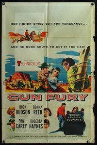 4j317 GUN FURY style A 1sh '53 Phil Carey steals Donna Reed & leaves Rock Hudson to die!