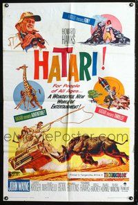 4j336 HATARI 1sh '62 Howard Hawks, great artwork images of John Wayne in Africa!