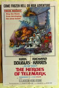 4j345 HEROES OF TELEMARK 1sh '66 Kirk Douglas & Richard Harris stop Nazis from making atom bomb!