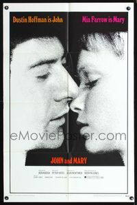 4j406 JOHN & MARY 1sh '69 super close image of Dustin Hoffman about to kiss Mia Farrow!