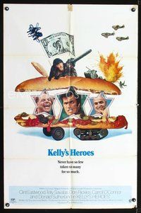 4j414 KELLY'S HEROES style B 1sh '70 Clint Eastwood, Savalas, Rickles, Sutherland in a sandwich!