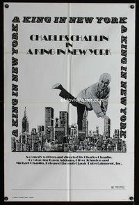 4j417 KING IN NEW YORK 1sh R73 Charlie Chaplin over New York City skyline!