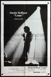 4j464 LENNY 1sh '74 cool silhouette image of Dustin Hoffman as comedian Lenny Bruce at microphone!
