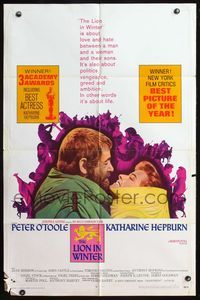 4j478 LION IN WINTER 1sh '68 Katharine Hepburn, Peter O'Toole as Henry II!