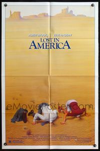 4j502 LOST IN AMERICA 1sh '85 great Lettick art of Albert Brooks & Julie Hagerty w/heads in sand!