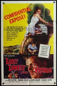 4j504 LOST, LONELY & VICIOUS 1sh '58 art of sexy barely-dressed bad girl leaning on bed!