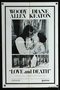 4j506 LOVE & DEATH style B 1sh '75 Woody Allen & Diane Keaton romantic kiss close up!