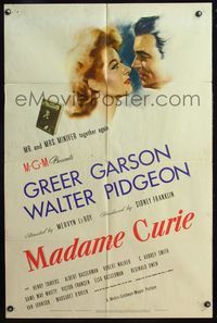 4j523 MADAME CURIE style D 1sh '43 artwork of historical scientist Greer Garson & Walter Pidgeon!