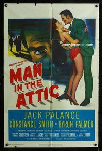 4j540 MAN IN THE ATTIC 1sh '53 Jack Palance, Jack the Ripper, cool horror art!