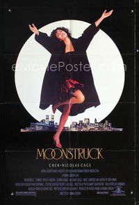 4j585 MOONSTRUCK 1sh '87 Nicholas Cage, Olympia Dukakis, Cher in front of NYC skyline!