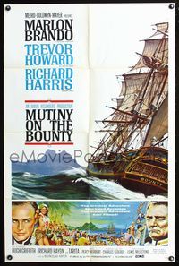 4j610 MUTINY ON THE BOUNTY style B 1sh '62 Marlon Brando, cool seafaring art of ship by Smith!