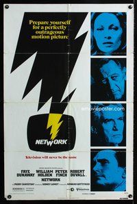 4j627 NETWORK advance 1sh '76 written by Paddy Cheyefsky, William Holden, Sidney Lumet classic!