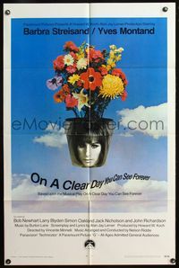 4j661 ON A CLEAR DAY YOU CAN SEE FOREVER 1sh '70 cool image of Barbra Streisand in flower pot!