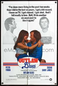 4j680 OUTLAW BLUES 1sh '77 great image of crook Peter Fonda & sexy Susan Saint James!