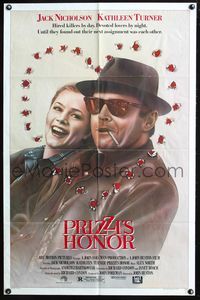 4j721 PRIZZI'S HONOR 1sh '85 cool art of smoking Jack Nicholson & Kathleen Turner!