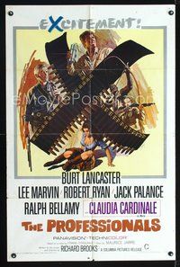 4j723 PROFESSIONALS 1sh '66 art of Burt Lancaster, Lee Marvin & sexy Claudia Cardinale!