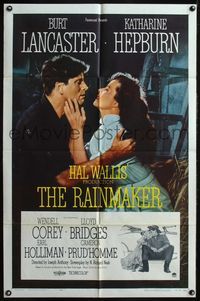 4j735 RAINMAKER 1sh '56 great romantic close up of Burt Lancaster & Katharine Hepburn!