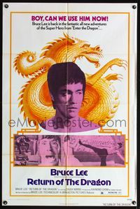 4j743 RETURN OF THE DRAGON 1sh '74 Bruce Lee classic, great image of Lee performing kick!