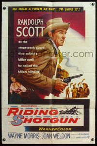 4j751 RIDING SHOTGUN 1sh '54 great artwork of cowboy Randolph Scott with smoking gun!