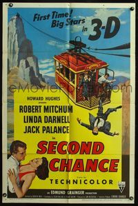 4j767 SECOND CHANCE 1sh '53 3-D, Robert Mitchum, cool artwork of men battling in gondola!