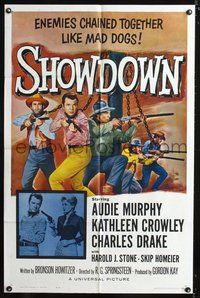 4j798 SHOWDOWN 1sh '63 Audie Murphy & enemies chained together, and pretty Kathleen Crowley!
