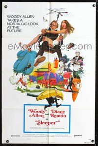 4j811 SLEEPER 1sh '74 art of Woody Allen & Diane Keaton in wacky futuristic sci-fi comedy!