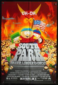 4j824 SOUTH PARK: BIGGER, LONGER & UNCUT DS; advance 1sh '99 animated low-brow musical comedy!
