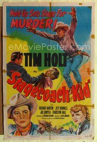 4j840 STAGECOACH KID 1sh '49 great art of cowboy Tim Holt, hold-up sets stage for murder!