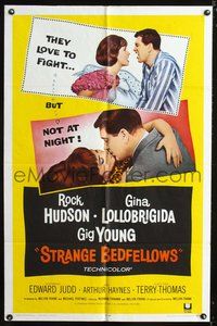 4j852 STRANGE BEDFELLOWS 1sh '65 Gina Lollobrigida & Rock Hudson love to fight!