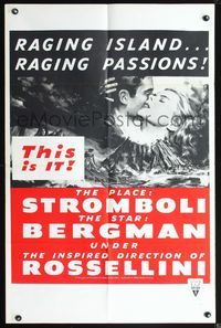 4j854 STROMBOLI military 1sh R60s Ingrid Bergman, directed by Roberto Rossellini, cool volcano art!