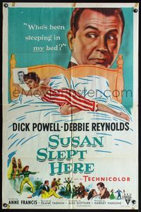 4j866 SUSAN SLEPT HERE 1sh '54 great artwork of sexy Debbie Reynolds sprawled out on bed!