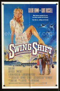 4j874 SWING SHIFT advance 1sh '84 sexy full-length Goldie Hawn, Kurt Russell, airplane art!