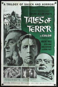 4j885 TALES OF TERROR 1sh '62 great close-up images of Peter Lorre, Vincent Price & Basil Rathbone!