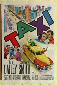 4j895 TAXI 1sh '53 artwork of Dan Dailey & Constance Smith in cool yellow cab!