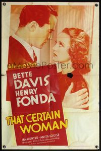 4j905 THAT CERTAIN WOMAN 1sh '37 close up of Henry Fonda holding Bette Davis, with those eyes!