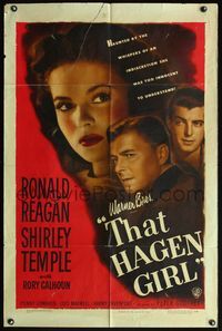 4j907 THAT HAGEN GIRL 1sh '47 great close images of Ronald Reagan & grown up Shirley Temple!