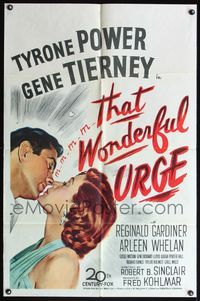 4j911 THAT WONDERFUL URGE 1sh '49 artwork of Tyrone Power about to kiss sexy Gene Tierney!