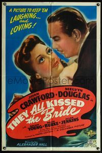 4j917 THEY ALL KISSED THE BRIDE style B 1sh '42 Joan Crawford & Melvyn Douglas laugh and love!