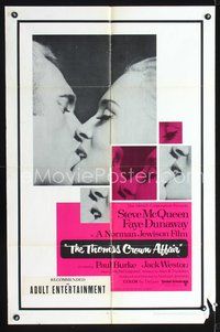 4j929 THOMAS CROWN AFFAIR 1sh '68 Steve McQueen & Faye Dunaway kiss close up!