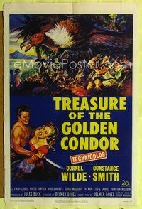 4j949 TREASURE OF THE GOLDEN CONDOR 1sh '53 art of Cornel Wilde grabbing girl & attacked by snake!