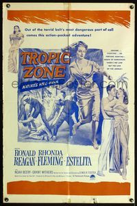 4j956 TROPIC ZONE 1sh R60s great art of Ronald Reagan romancing Rhonda Fleming, plus sexy Estelita!