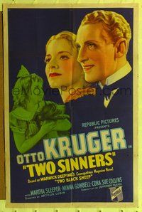 4j963 TWO SINNERS 1sh '35 art of Otto Kruger, Martha Sleeper & young Cora Sue Collins holding dog!