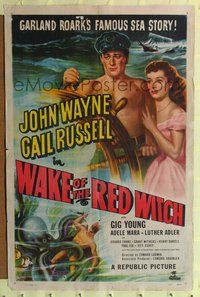 4j973 WAKE OF THE RED WITCH 1sh '49 art of barechested John Wayne & Gail Russell at ship's wheel!