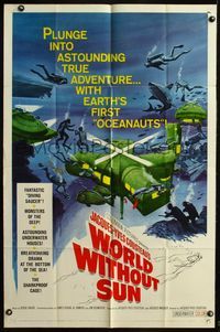 4j991 WORLD WITHOUT SUN 1sh '65 adventures of Jacques-Yves Cousteau's oceanauts, cool art!