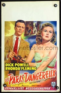 4k035 CRY DANGER Belgian '51 film noir, art of Dick Powell loading gun & Rhonda Fleming!